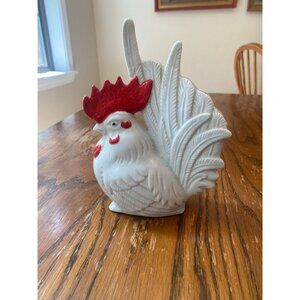 Vintage Ceramic Rooster Figurine 6" Tall White & Red Hand-Painted Mid-Century De